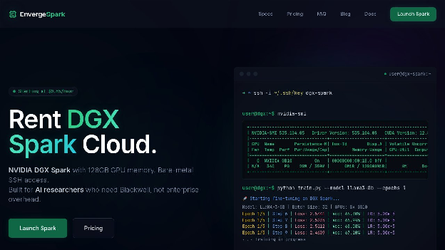 Enverge Spark Cloud homepage showing NVIDIA DGX Spark rental pricing.